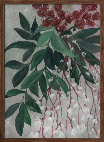Green Leaves White Blooms | Poster - Walnut Frame Interior