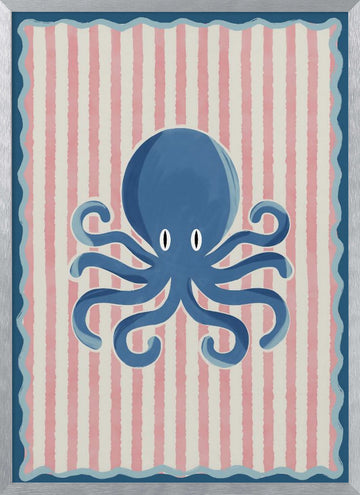 Playful Blue Octopus | Poster - Silver Frame Interior