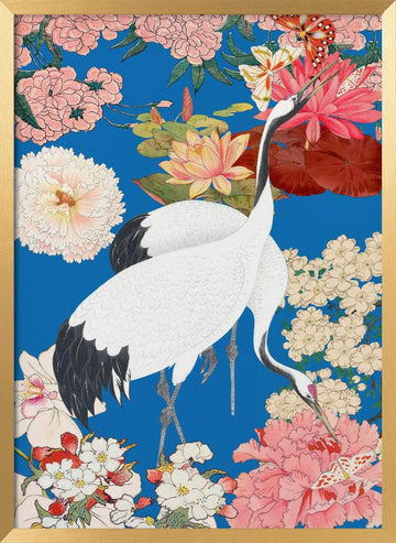 Japanese Cranes Floral Art | Poster - Gold Frame Interior