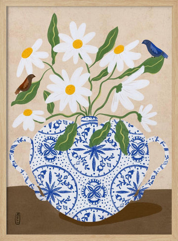 Daisies In Blue Teapot | Poster - Wood Frame Interior