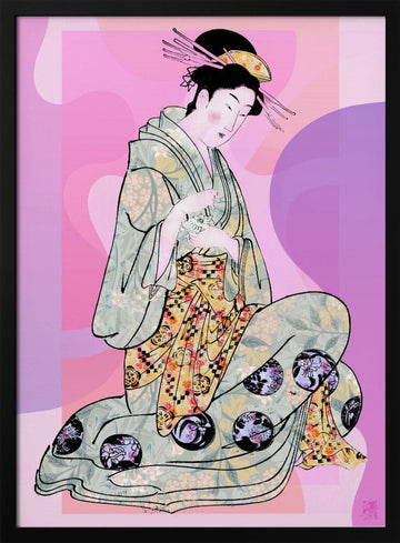 Elegant Geisha Kneeling | Poster - Black Metal Frame Interior