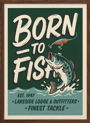 Retro Bass Fishing Sign | Poster - Walnut Frame Interior