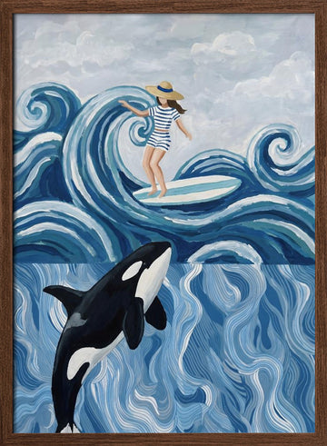 Surfer Girl and Orca | Poster - Walnut Frame Interior