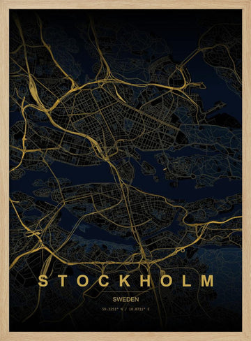 Golden Stockholm Map | Poster - Wood Frame Interior