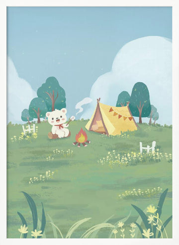 Bear Campfire Roasting Marshmallow | Poster - White Frame Interior