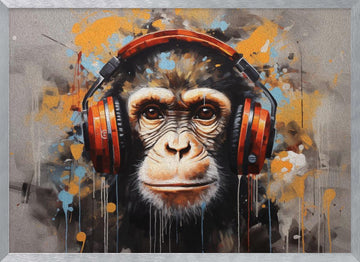 Chimpanzee with Headphones | Poster - Silver Frame Interior