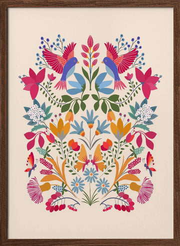 Vibrant Folk Garden | Poster - Walnut Frame Interior