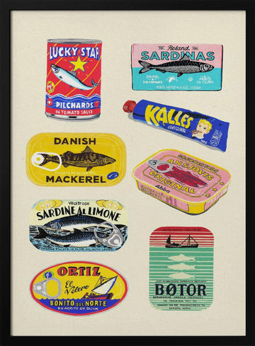 Vintage Seafood Cans | Poster - Black Metal Frame Interior