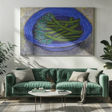 Green Asparagus In Blue Bowl | Poster - Room Interior 1