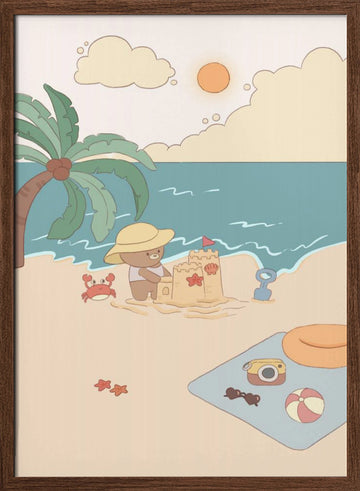 Bear's Beach Day | Poster - Walnut Frame Interior