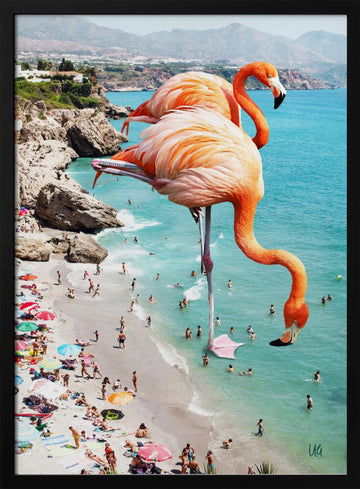 Surreal Beach Flamingos | Poster - Black Metal Frame Interior