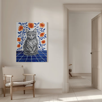 Whimsical Cat Blue Tiles | Canvas - Room Interior 1