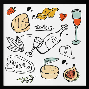 Wine and Food Sketches | Poster - Black Metal Frame Interior