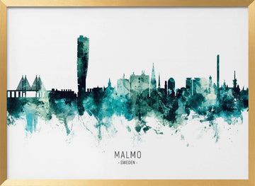 Malmo Watercolor Skyline | Poster - Gold Frame Interior