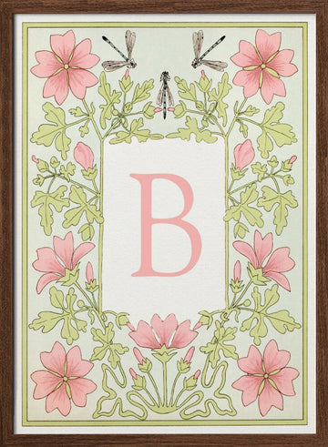 Pink Floral Letter B | Poster - Walnut Frame Interior