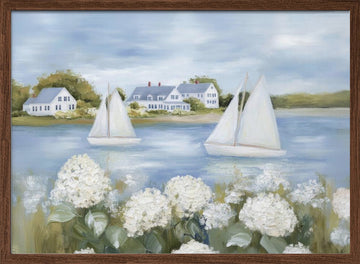 Serene Coastal Sailboats | Poster - Walnut Frame Interior
