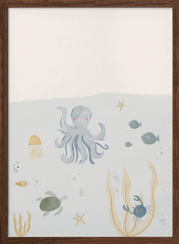 Gentle Ocean Friends | Poster - Walnut Frame Interior