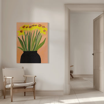 Yellow Daffodils Black Vase | Canvas - Room Interior 1