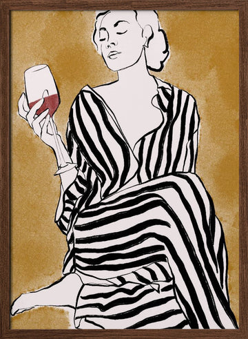 Striped Serenity With Wine | Poster - Walnut Frame Interior