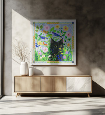 Black Cat In Jewelled Garden | Canvas - Room Interior 2