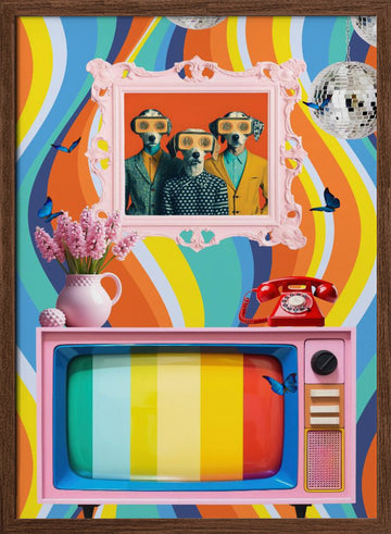 Colorful Retro Dog Scene | Poster - Walnut Frame Interior