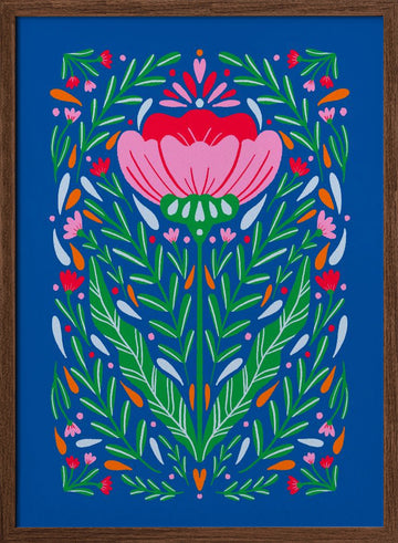 Vibrant Folk Flower | Poster - Walnut Frame Interior