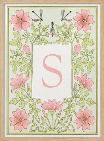 Pink Floral Monogram S | Poster - Wood Frame Interior