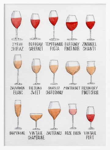 Wine Glass Varieties | Poster - White Frame Interior