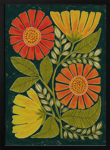 Colorful Folk Flowers | Poster - Black Metal Frame Interior
