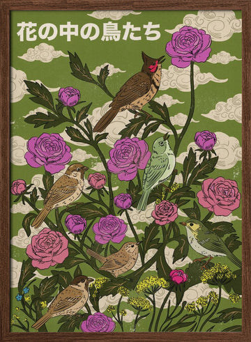 Garden Birds And Roses | Poster - Walnut Frame Interior