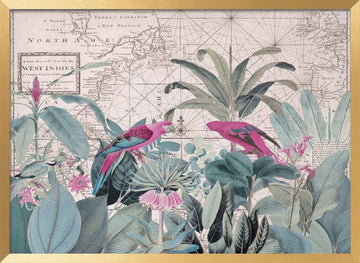 Tropical Map Parrots | Poster - Gold Frame Interior