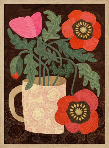 Poppies in a Pink Mug | Poster - Wood Frame Interior