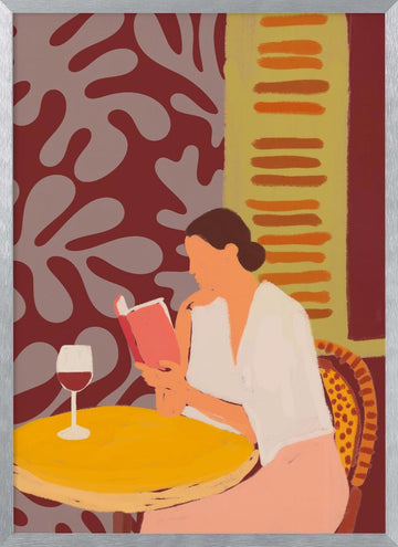 Leisurely Cafe Reading | Poster - Silver Frame Interior