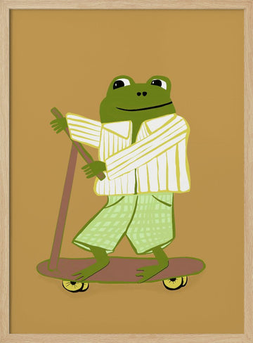 Frog On A Scooter | Poster - Wood Frame Interior