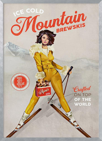 Ice Cold Beer Vintage Pinup Ski Art | Poster - Silver Frame Interior