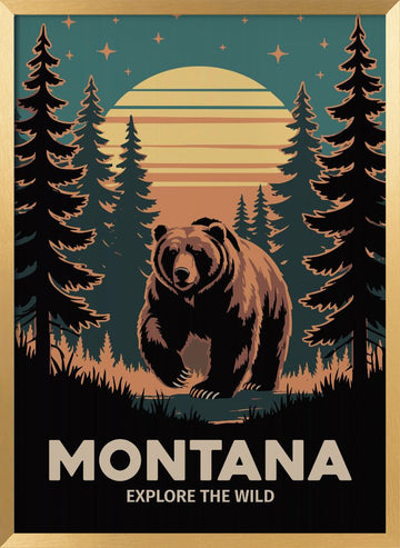 Grizzly Bear Forest Sunset | Poster - Gold Frame Interior