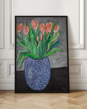Vibrant Tulips In Blue Vase | Poster - Room Interior 1