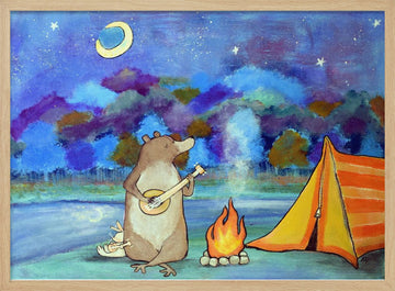 Bear Plays Banjo Camping | Poster - Wood Frame Interior