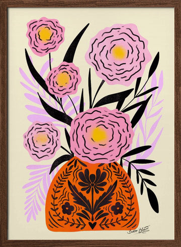 Vibrant Folk Floral Vase | Poster - Walnut Frame Interior