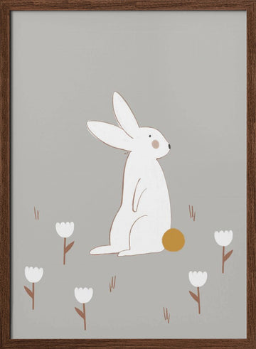White Bunny Among Flowers | Poster - Walnut Frame Interior