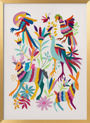 Colorful Folk Art Animals | Poster - Gold Frame Interior