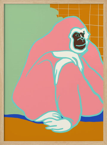 Thoughtful Pink Gorilla | Poster - Wood Frame Interior