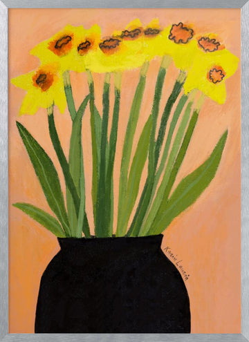 Yellow Daffodils Black Vase | Poster - Silver Frame Interior