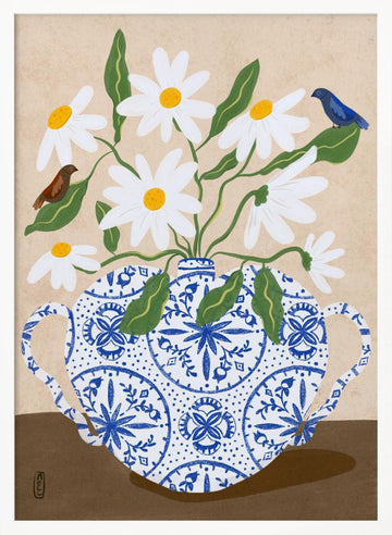 Daisies In Blue Teapot | Poster - White Frame Interior