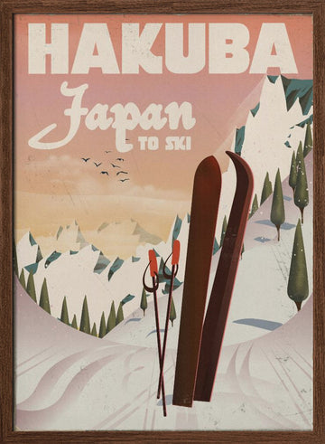 Retro Hakuba Skiing | Poster - Walnut Frame Interior