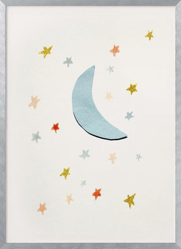 Soft Moon and Stars | Poster - Silver Frame Interior