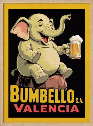 Cheerful Elephant With Beer | Poster - Wood Frame Interior