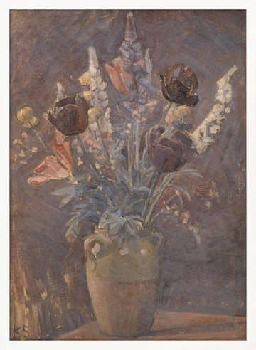 Clay Vase With Tulips and Other Flowers By Karl Schou | Poster - White Frame Interior