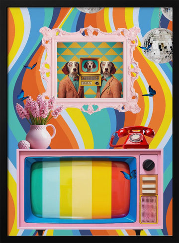 Colorful Retro Dog Scene | Poster - Black Metal Frame Interior