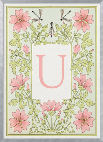Pink Floral Letter U | Poster - Silver Frame Interior